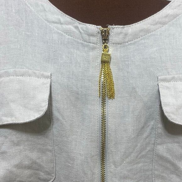 Ellen Tracy Cream Scoop Neck 1/4 Zip Linen Blouse Top Roll Tab 3/4 Sleeve Size L - Picture 4 of 12